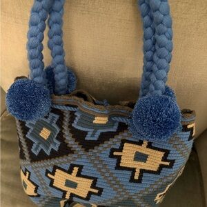 Blue Geometric Woven Tote Bag with Pom-Pom Accents